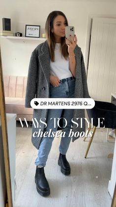 Business Outfits With Doc Martens, Work Outfits With Docs, Dr Martin Boots Outfit Fall, Black Chelsea Boots Dress, Chelsea Boots Outfit Woman, Fox Marten Outfit, Dr Martens Rometty Chelsea Boots Outfit, Styling Dr Martin Boots, Dm Chelsea Boots Outfit