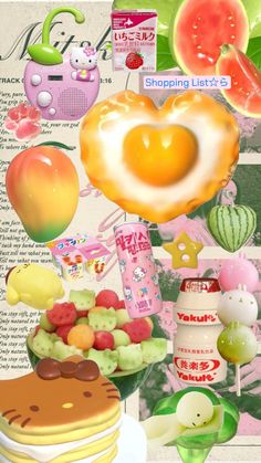 the collage has many different items on it, including fruit and other things to eat