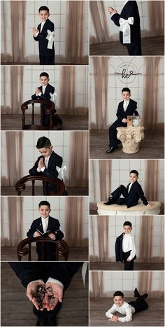 a collage of photos shows a young boy in a tuxedo sitting on a chair