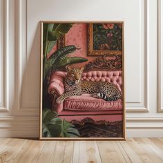 a painting of a leopard laying on a pink couch in front of a mirror and plant