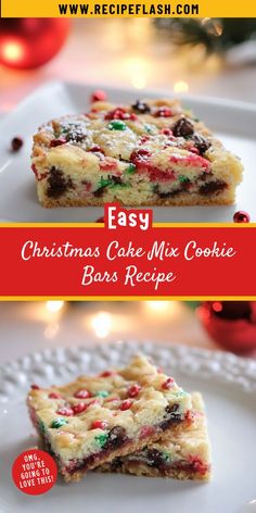 easy christmas cake mix cookie bars recipe on a white plate with red and green decorations