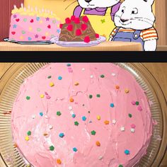 a cake with pink frosting and sprinkles on it next to an image of a birthday cake