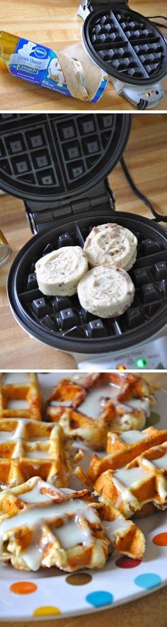 three different views of waffles being cooked on a grill