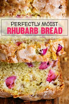 two loafs of fruity moist rhubarb bread on a wooden cutting board