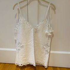 Tie Straps With Dangling Tassels & Scalloped Trim Never Been Worn Elegant Summer Tops With Cutwork Hem, Eyelet Top, Embroidered Linen, Scalloped Trim, Linen Blend, Tassels, Color White, Womens Tops, Trim