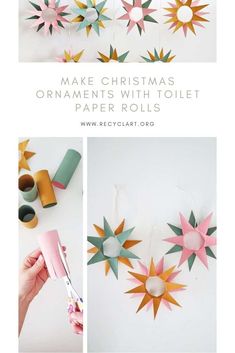 christmas ornaments with toilet paper rolls and some other things to make them look like they are hanging from the ceiling