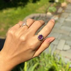 Estate/ Vintage 14KT Yellow Gold Diamond + Oval Genuine Purple Amethyst Ring Amethyst Measures: 10mm x 8mm Diamond Halo Style Band Cleaned and like new! Size 6.25 Can be sized by us (fee) or your local jeweler Weight: 4 grams Genuine Amethyst Oval Faceted Approx. 2.4 carat estimated amethyst Diamonds (12) SI Clarity, H/I color diamonds Stamped & Hallmarked Stamped 14K Purple Amethyst Ring, Halo Style, White Gold Bracelet, Rose Gold Pendant, White Gold Necklaces, White Gold Earrings, Rose Gold Bracelet, Yellow Gold Bracelet, Halo Diamond Ring