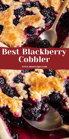 blueberry cobbler in a white dish with spoons and text overlay that reads best blackberry cobbler