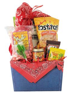 a gift box filled with snacks and candy