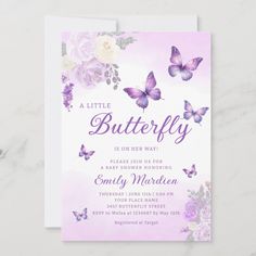 a little butterfly is on her way baby shower card with purple flowers and butterflies in the background