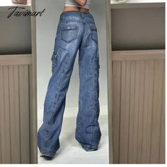 Tavimart Jeans for women high-waisted straight casual pants irregular pocket cargo pants mopping women's retro denim wide-leg trousers Pocket Cargo Pants, Rope Hair, Dress Women Elegant, Retro Blue, Hair Hoops, Jeans For Women, Elegant Party, Wide Leg Denim, Prom Party Dresses