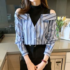 Fake Two Piece Off Shoulder Striped Blouse Shirt – Tomscloth Spring Office Collared Tops, Trendy Blue Collar Tops, Summer Long Sleeve Office Top, Clothing Korean, Off Shoulder Shirt, Stripe Outfits, Turtleneck Shirt, Button Blouse, Pretty Blouses