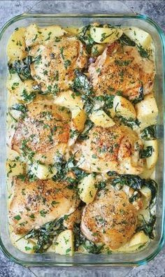 chicken and spinach casserole in a glass dish