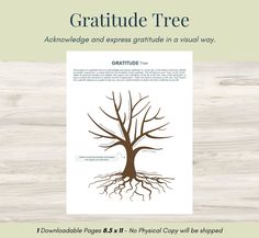 a tree with roots and the words, gratitude tree acknowedge and express guide in a visual way