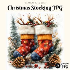 christmas stockings with pine cones and evergreens on the bottom are featured in this watercolor painting