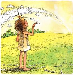 a drawing of a girl standing in the grass and spraying water on her head with an umbrella