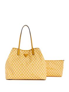 Faux-leather tote set G Wave pattern Shiny gold-tone hardware Enamel signature emblem Single-compartment construction Lined interior Magnetic snap-button closure Included zip pouch Dual top handles with 10" drop 15.5"W x 13.5"H x 7.75"D Yellow Business Bags With Gold-tone Hardware, Gold Business Bag With Leather Handles, Business Gold Bag With Leather Handles, Business Gold Bags With Leather Handles, Construction Lines, Zip Pouch, Wave Pattern, Large Tote, Tote Handbags