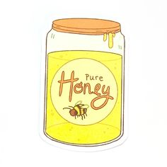 a sticker depicting a jar of honey with the words, pure honey on it