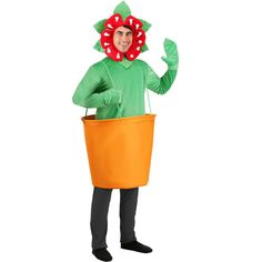 a man in a costume is holding a bucket