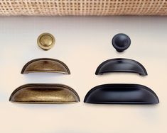 an assortment of black and gold knobs on a white surface with the words set of 10 express shipping included