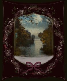 a painting of a river with trees in the background and a pink bow on it