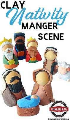 clay nativity manger scene with text overlay