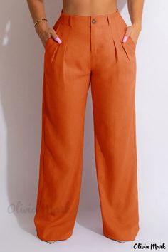 Olivia Mark - High-Waisted Straight Solid Color Bottoms in a Professional Light Green Casual Patchwork Design High Waist Orange Bottoms, Casual Orange Bottoms, Purple And Gold Dress, Hot Jumpsuits, Casual Bottoms, Solid Color Pants, Red Dress Short, Classy Casual, Linen Style