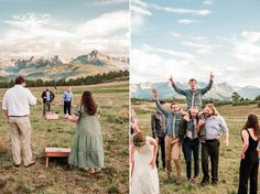 a group of people standing on top of a grass covered field next to each other