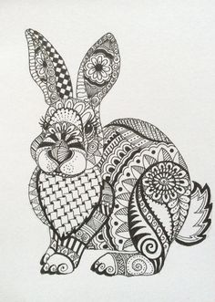 a black and white drawing of a rabbit with intricate patterns on it's body