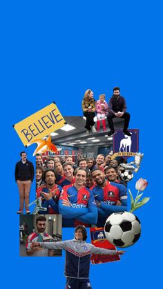 a collage of photos with people and soccer balls in the middle one is holding a sign that says believe