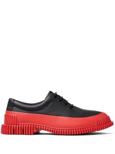 black/red calf leather round toe front lace-up fastening branded insole recycled polyester lining contrast PEVA outsole with ridged finish Camper Shoes, Chain Strap Bag, Oversized Tote Bag, Suit Accessories, Summer Beach Wear, Derby Shoes, Espadrille Shoes, Moto Boots, Red Shoes