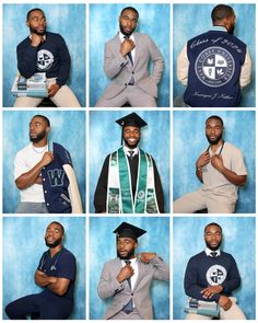 a collage of photos with men in graduation caps and gowns posing for the camera