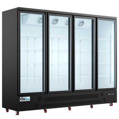 three glass door refrigerators with wheels on each side and two doors open to show the inside