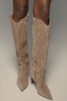 Suede upper Leather insole, sole Side zip Imported | Suede Western Boots by Anthropologie in Beige, Women's, Size: 40, Leather/Suede Edgy Cowgirl, Universal Outfits, Western Chic Outfits, Suede Boots Outfit, Suede Western Boots, Country Chic Outfits, Rodeo Chic, Suede Cowboy Boots, Brown Cowboy Boots