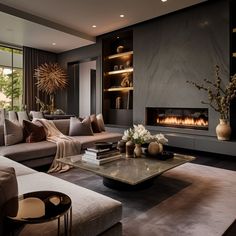 a living room filled with furniture and a fire place in the middle of the room