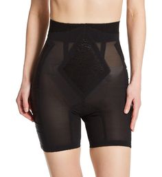 This sheer mesh panty girdle shapes your tummy, thighs, and lower midriff. Front has diamond-shaped control panel with floral lace overlay. The elastic waistband stops at the high waist and will not roll up. Wide side panels are satin that stretches and contours to your shape. Made of nylon and spandex. High, no-roll waistband features tall, sewn-on elastic with looped picot edge. Diamond front control panel has a pretty floral lace overlay. Mesh body of shaper is semi-sheer, with tummy and rear Elegant Compression Shapewear With High-cut Leg, Sheer Fitted Nylon Bottoms, Fitted Sheer Nylon Bottoms, High Waist Nylon Shapewear Bottoms, Sheer Nylon Short Bottoms, Sheer Short Nylon Bottoms, Nylon High-cut Leg Shapewear, Sheer Nylon Shorts, Sheer Nylon Brief Bottoms