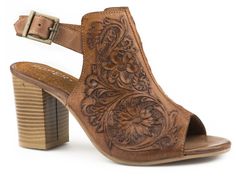 WOMENS FASHION MULE Pig Suede Padded Sock Flexible TPR Sole Mule Tooled Leather Leather Lining 3 Inch Heel Leather Western Shoes, Tan Shoes, Peep Toe Sandals, Tooled Leather, Cowgirl Boots, Back Strap, Leather Tooling, Western Boots, Cute Shoes