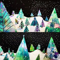 two pictures of christmas trees made out of watercolor paper and colored pencils on black paper