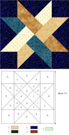 an image of a quilt block with different colors and patterns on the side, along with two