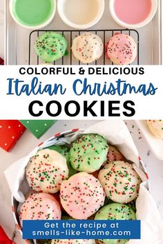 colorful and delicious italian christmas cookies with sprinkles on the top, in front of