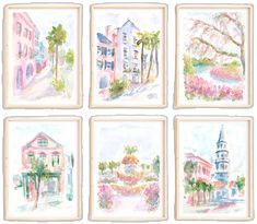 six watercolor paintings of buildings and trees