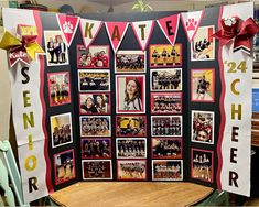 a decorated display with pictures and ribbons on the front, along with other items for cheerleaders