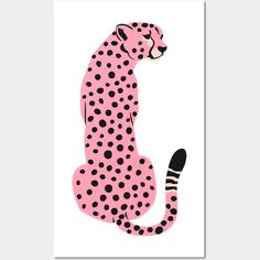 a pink and black cheetah sitting on top of a white wall with polka dots