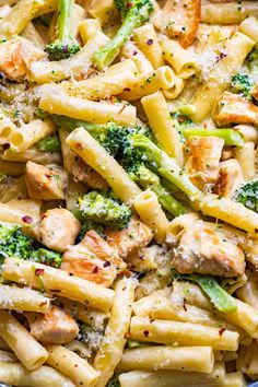 pasta with chicken and broccoli in a pan