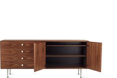 the sideboard is made from wood and has two drawers, one with metal legs