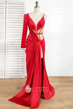 red satin sheer cut out single sleeve prom dress Sleeve Prom Dress, Custom Made Prom Dress, Dress Train, Prom Dress Styles, Prom Style, Long Prom Dresses, Prom Dresses With Sleeves, A Line Gown, Red Satin