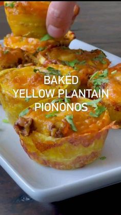 baked yellow plantain pies on a plate with the words baked yellow plantain pionnos