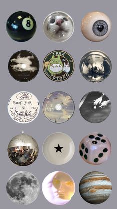 a group of different types of buttons on a gray background with black and white images