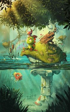 an underwater scene with plants and fish in the water, as if they were floating on land