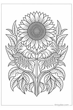 Ornate black and white illustration of a sunflower with detailed leaves and petals. Sunflower Designs, Animal Printables